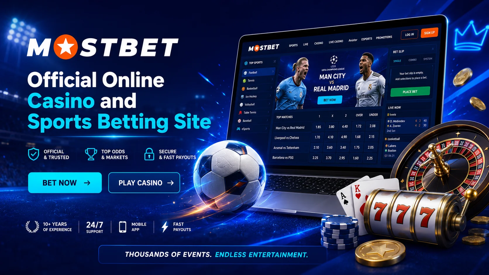 Mostbet — zakłady sportowe i kasyno, bonus powitalny do 1 700 zł